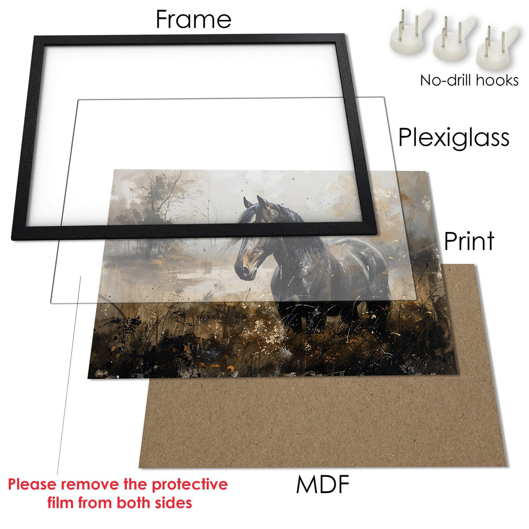 Framed Poster: Majestic horse art print in neutral tones. Modern style, perfect for home decor. Shop this stunning Poster today!