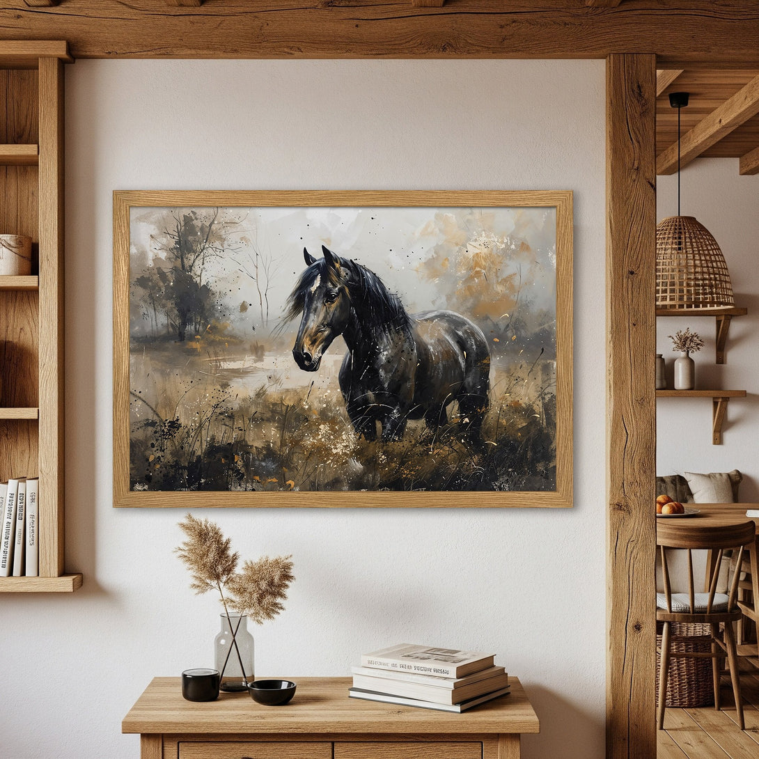 Framed Poster featuring a majestic black horse in a watercolor style, with a neutral, earthy color palette. Perfect for rustic decor!