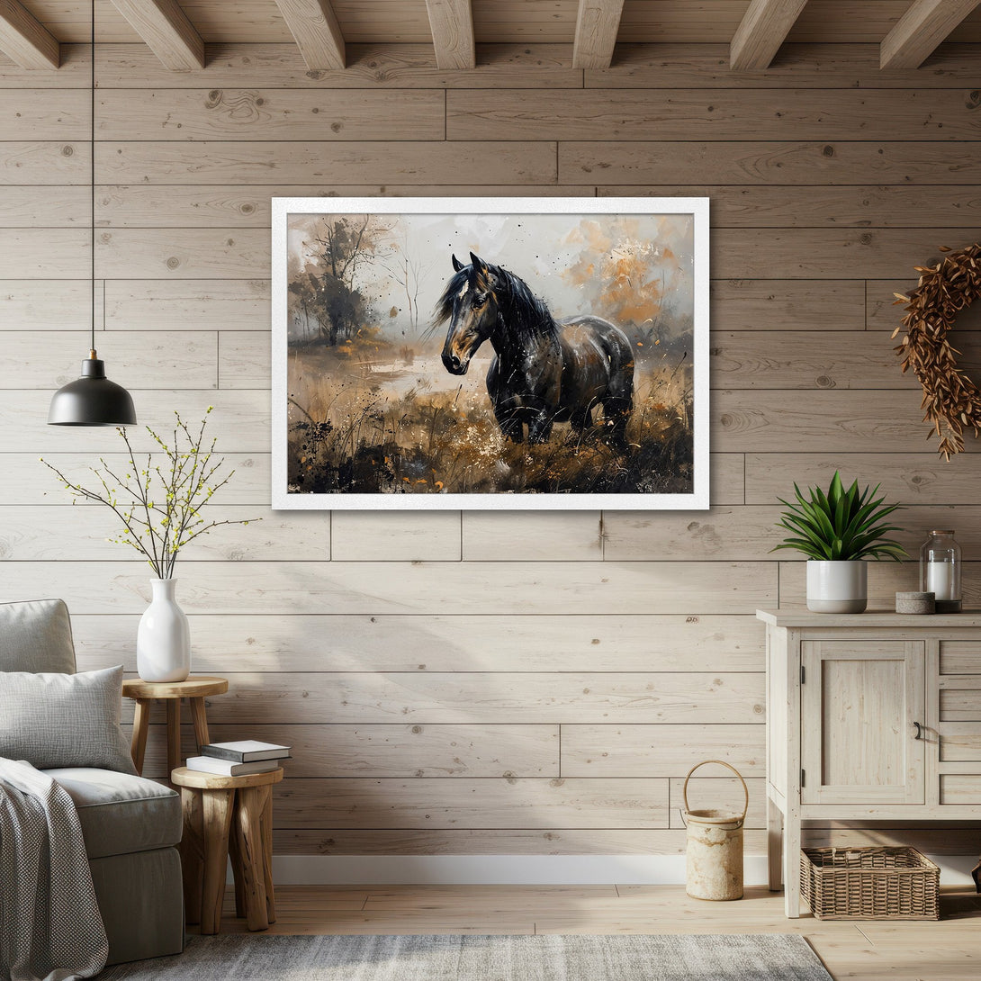Framed Poster of a majestic black horse in watercolor style, earthy tones. Perfect wall art for a rustic home.