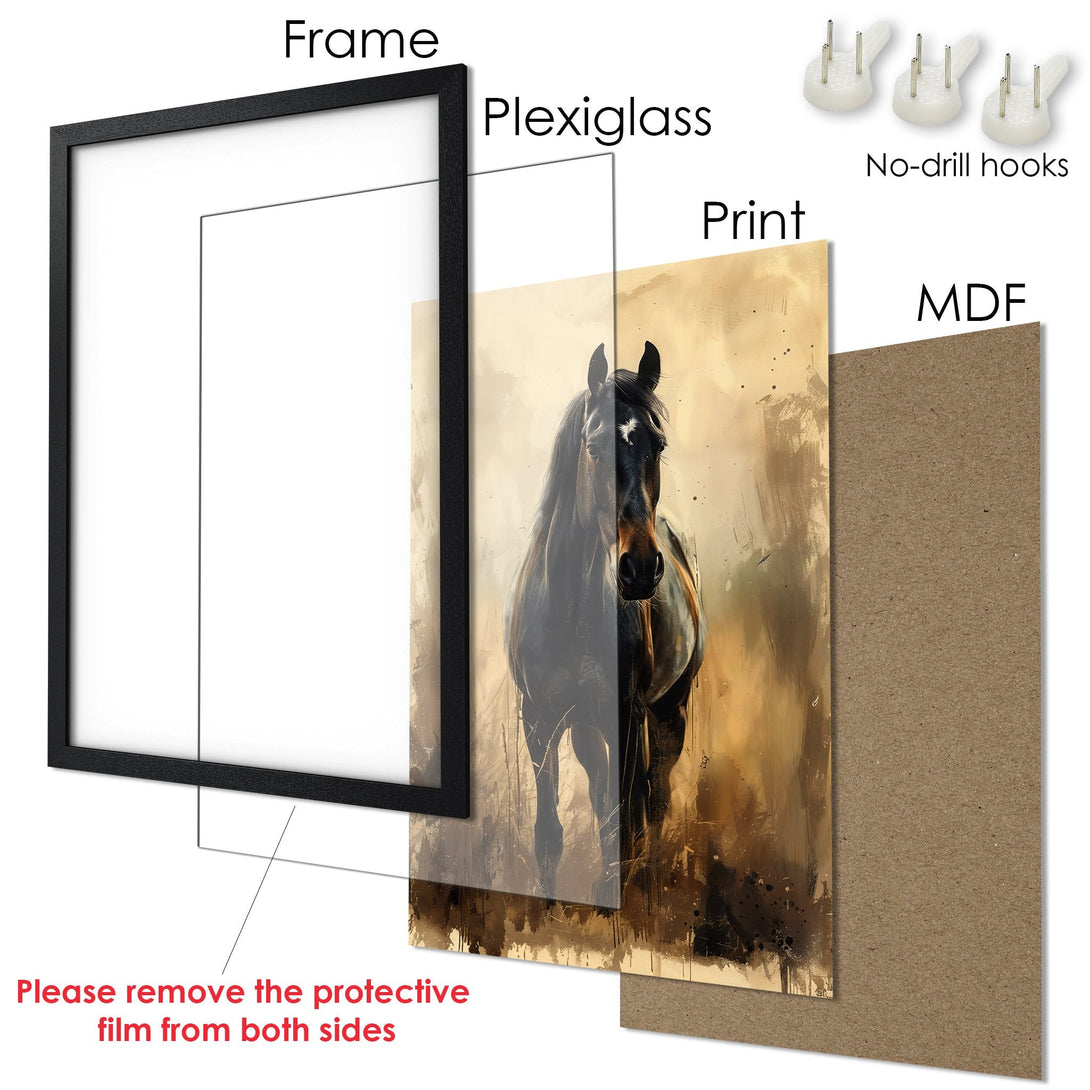 Framed Poster of a majestic horse in an expressive style with a warm, earthy color palette. Perfect wall art!