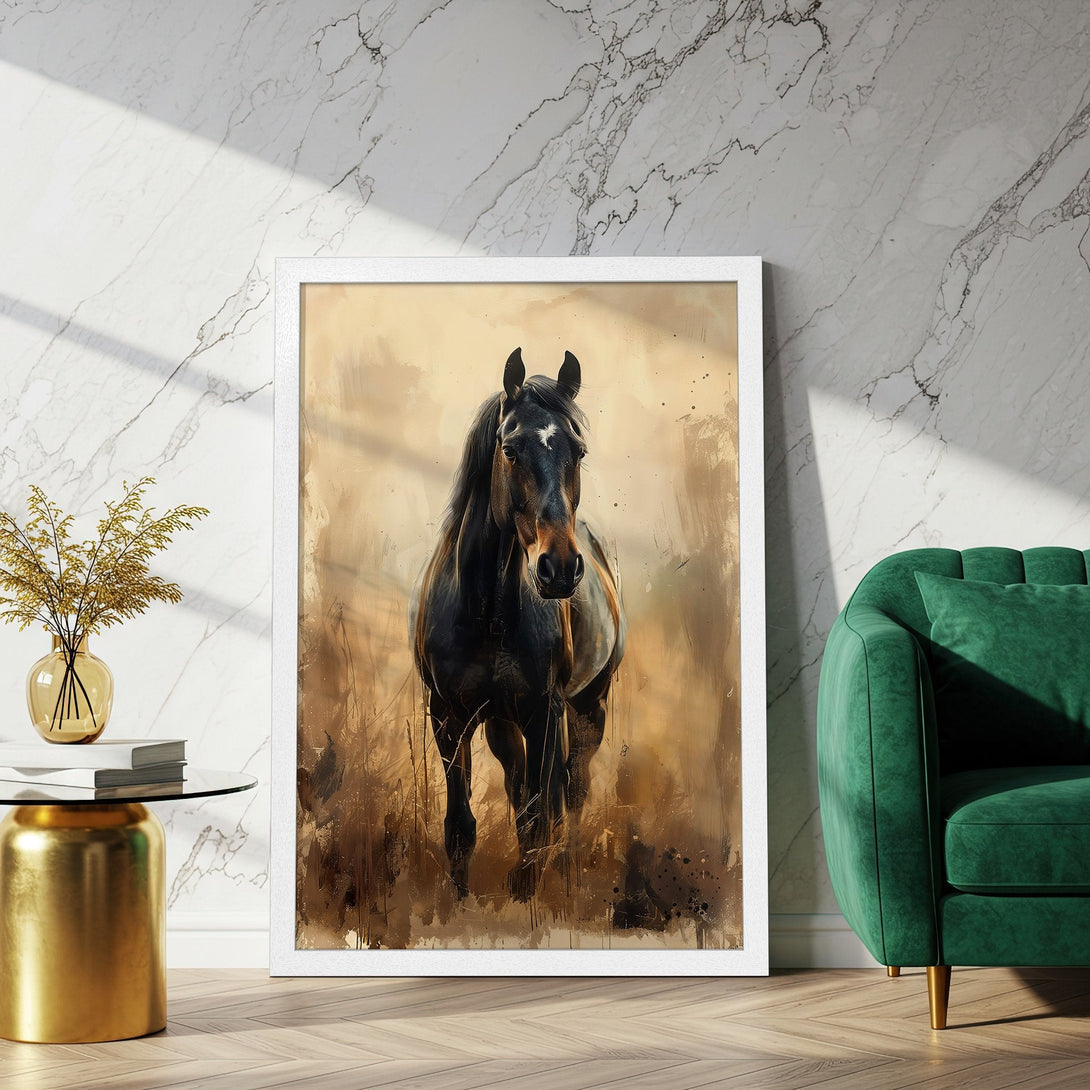 Framed Poster of a majestic horse in a painterly style, featuring a warm, earthy color palette. Perfect wall art!