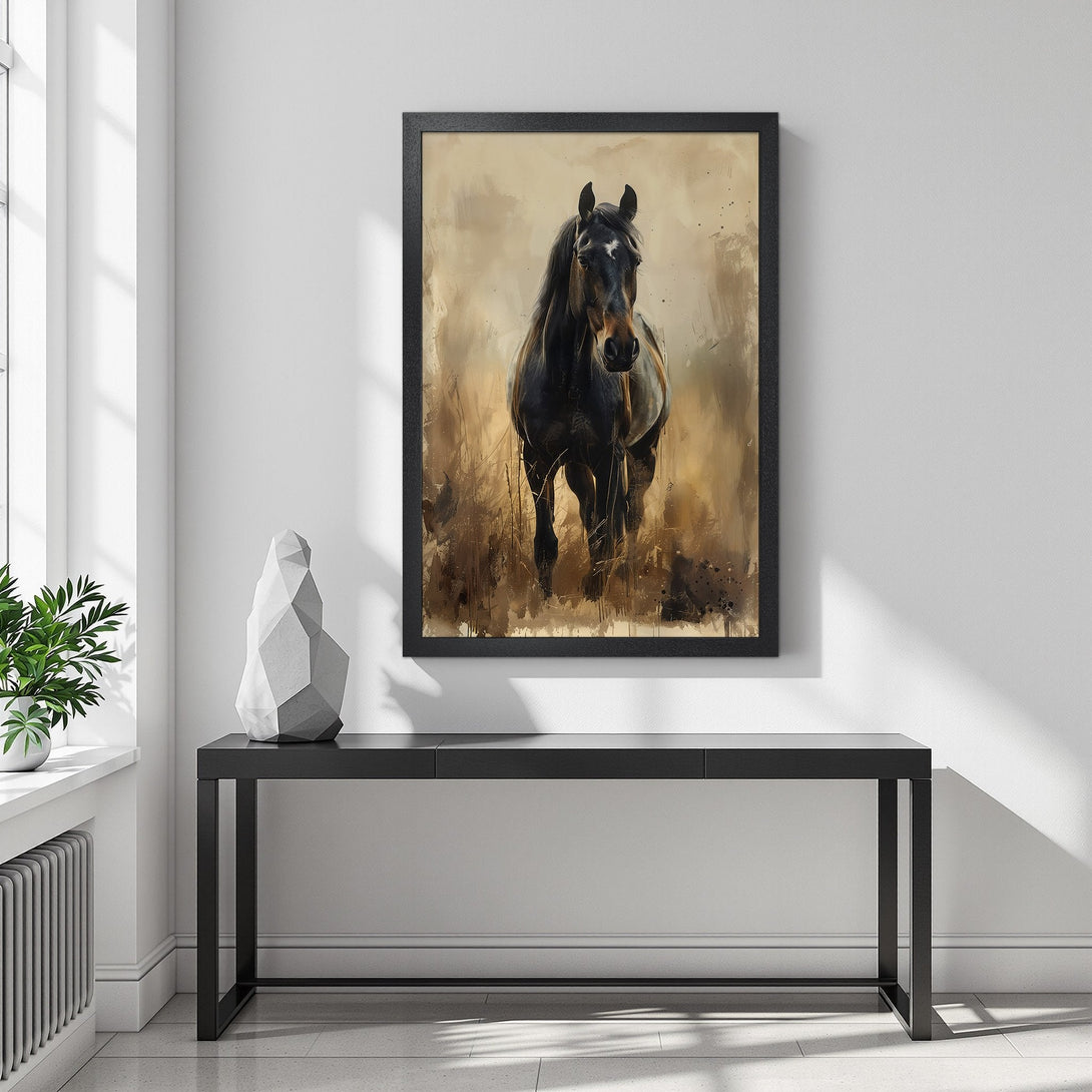Framed Poster featuring a majestic black horse in a painterly style with a warm, earthy color palette. Perfect wall art for any space!