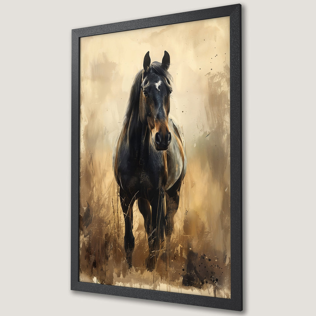 Framed Poster of a majestic black horse in a painterly style, warm brown and beige color palette. Perfect wall art.