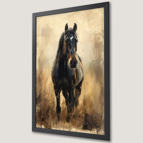 Framed Poster of a majestic black horse in a painterly style, warm brown and beige color palette. Perfect wall art.