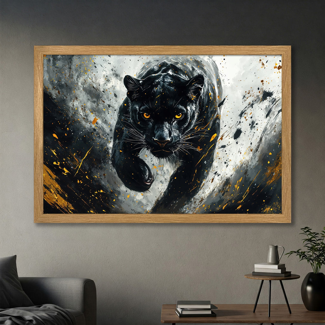 Framed Poster of a black panther in abstract style with a black, white, and gold color palette. A stunning art print for your home.