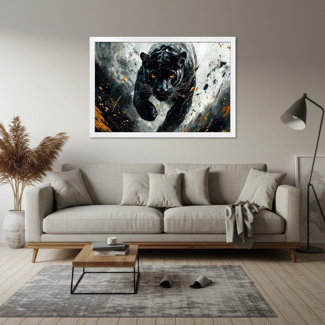 Framed Poster featuring a dramatic black panther art print. Abstract style with black, gray, and gold color palette. Elevate your space today!