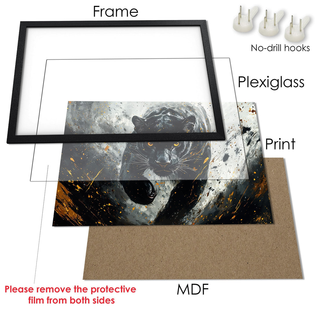 Framed Poster featuring a black panther in an abstract style, with a grey, black, and gold color palette. Elevate your space!