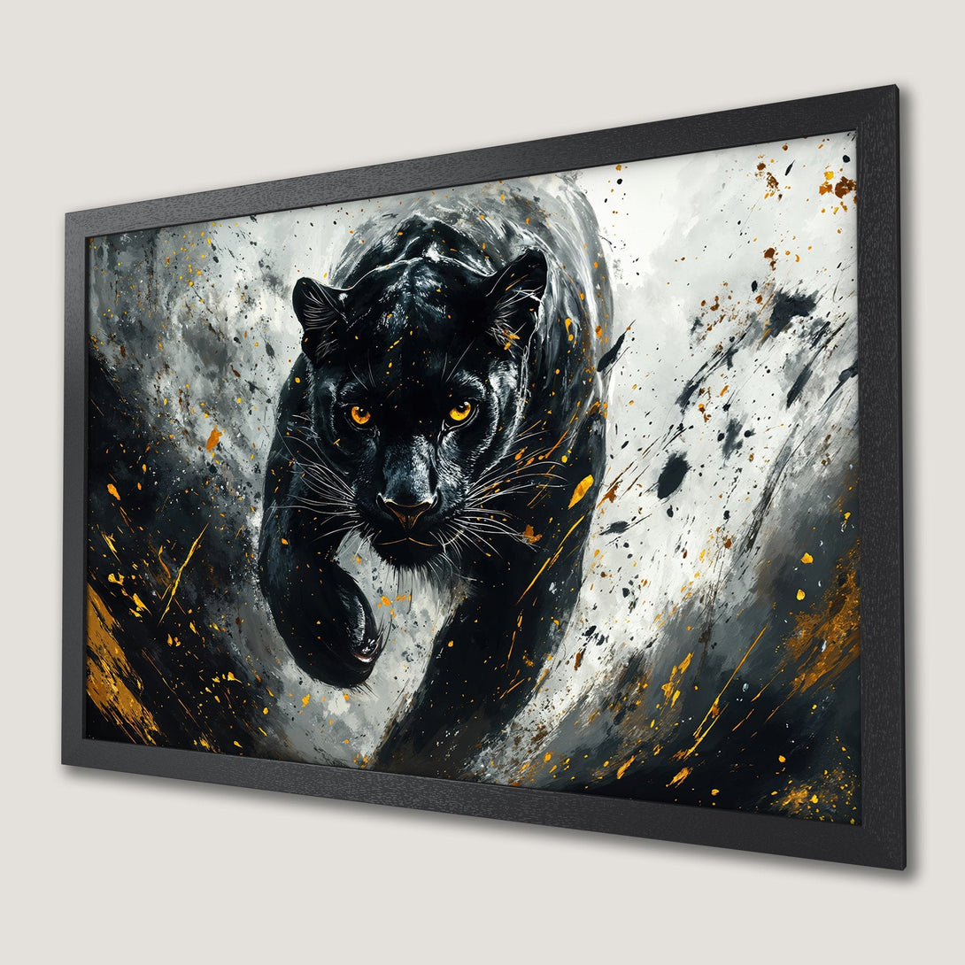 Framed Poster of a black panther in abstract style, with a dramatic black, white, and gold color palette.