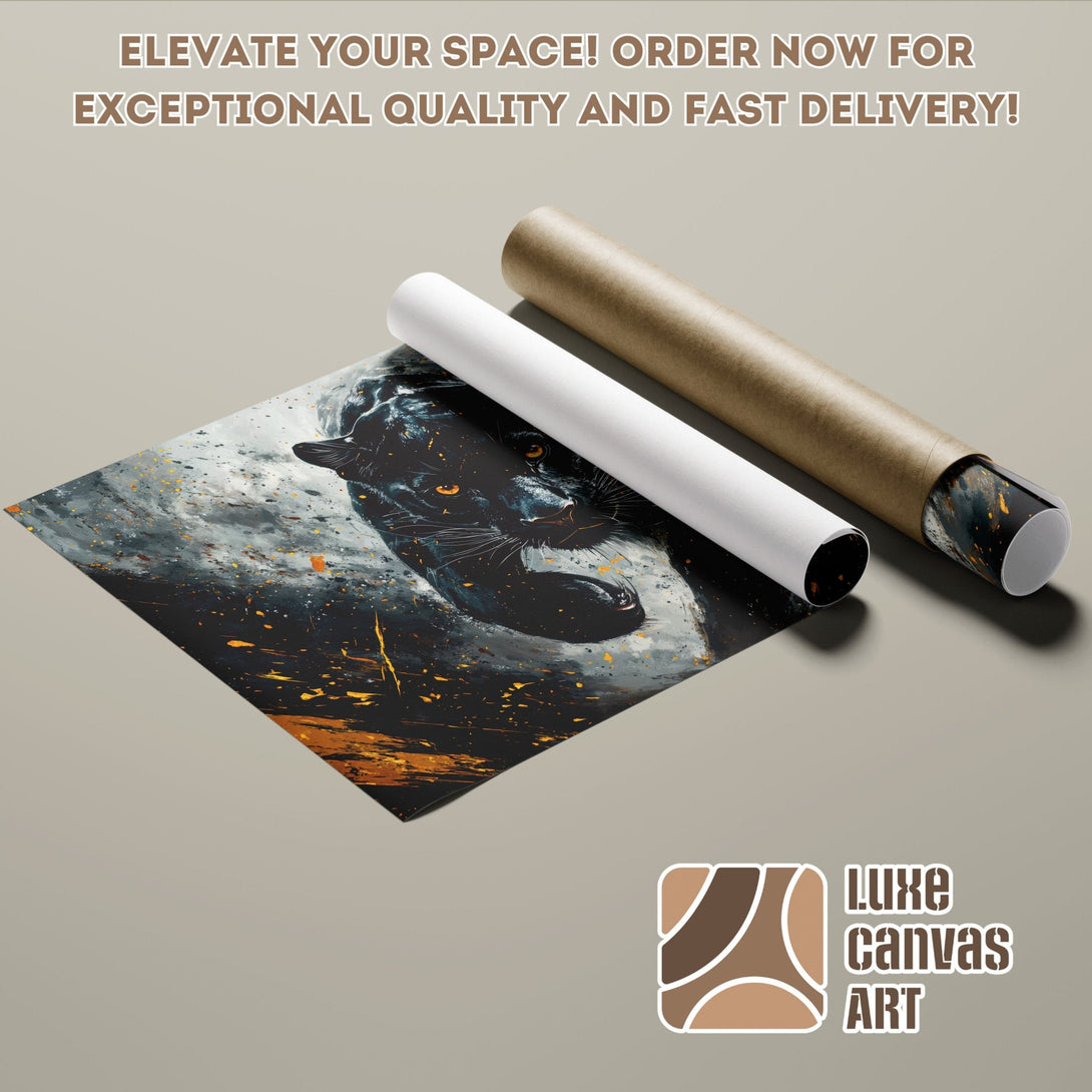 Abstract black panther Poster Roll art with gold accents. Elevate your space!