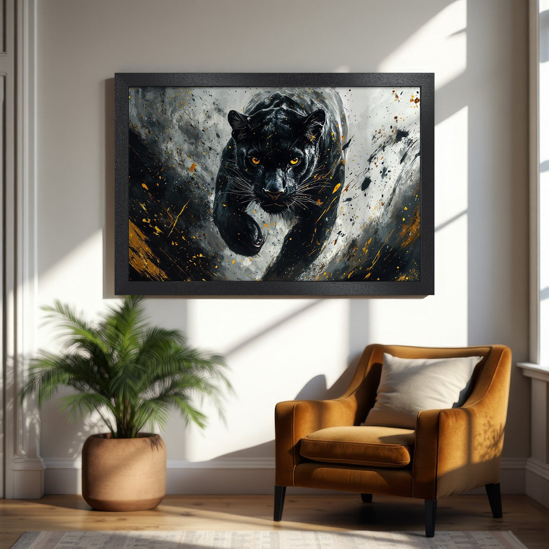 Framed Poster featuring a black panther in a dynamic, abstract style with a black, gold, and gray color palette. Perfect wall art!