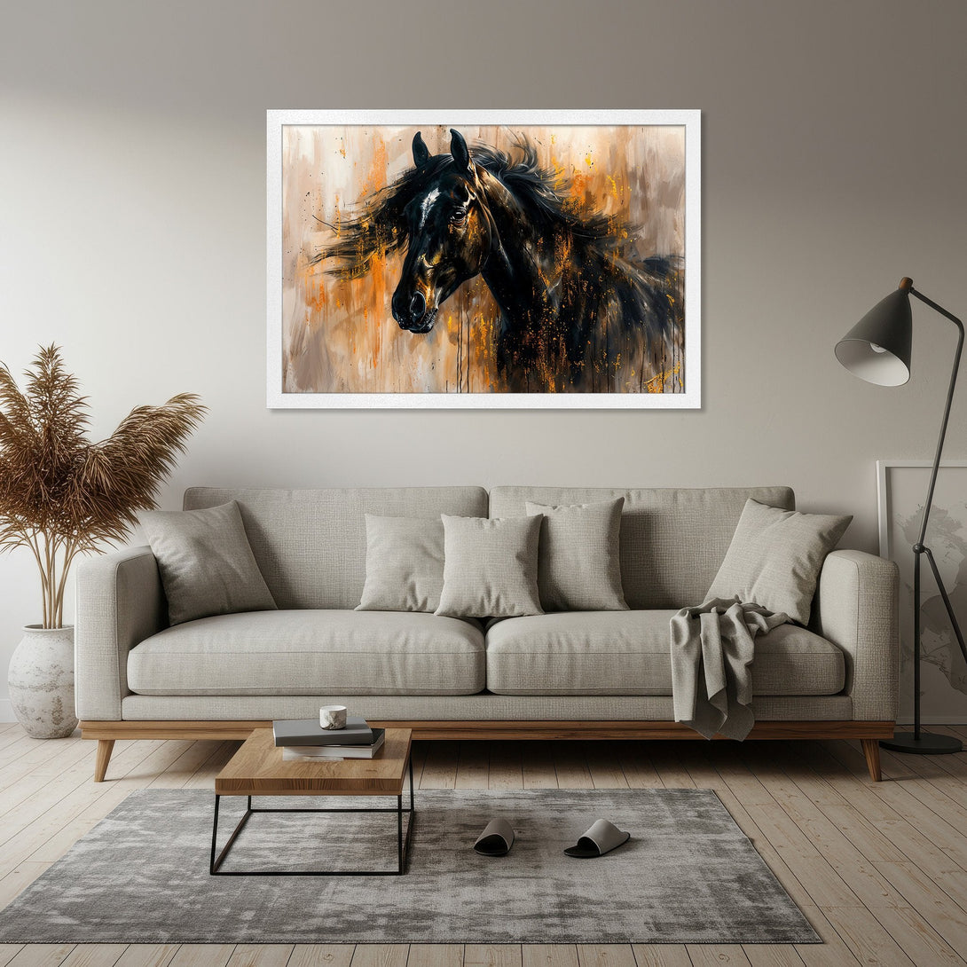 Framed Poster of a majestic black horse, abstract style with warm gold and brown tones. Elevate your space with this stunning artwork!