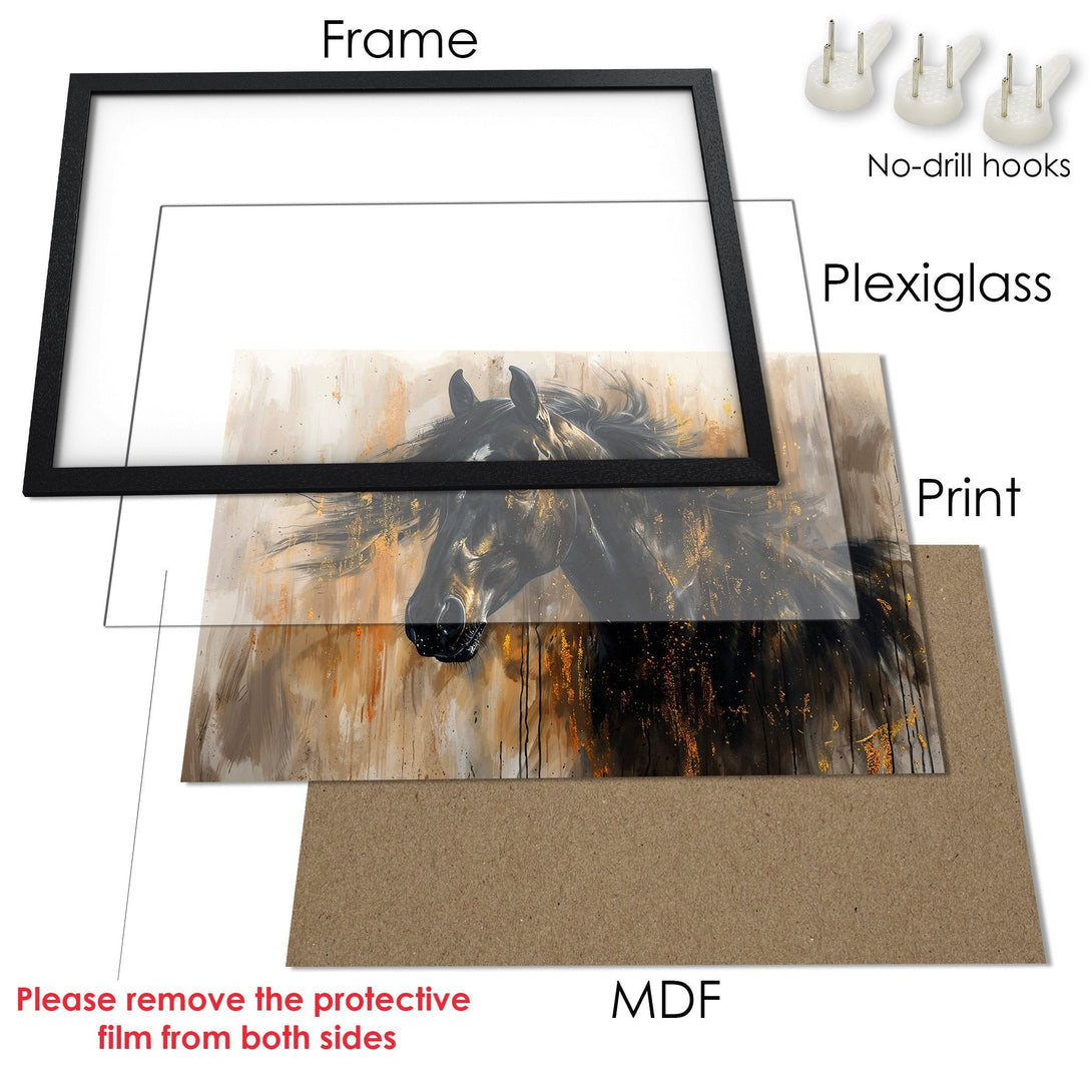 Framed Poster of a horse in abstract style with a warm, neutral color palette. Perfect wall art!