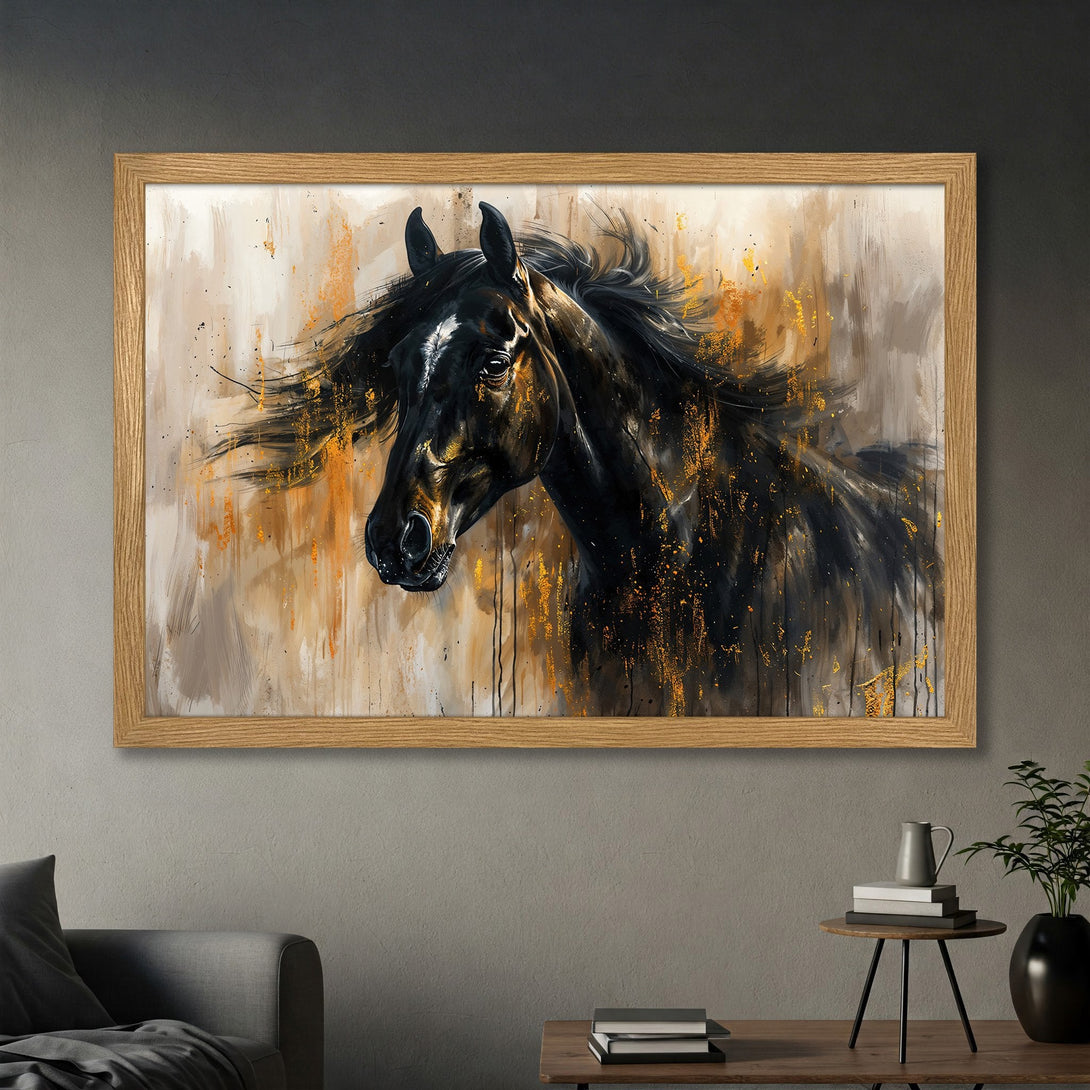 Framed Poster of a black horse in an abstract style with gold accents, perfect for home decor. Warm neutral color palette.