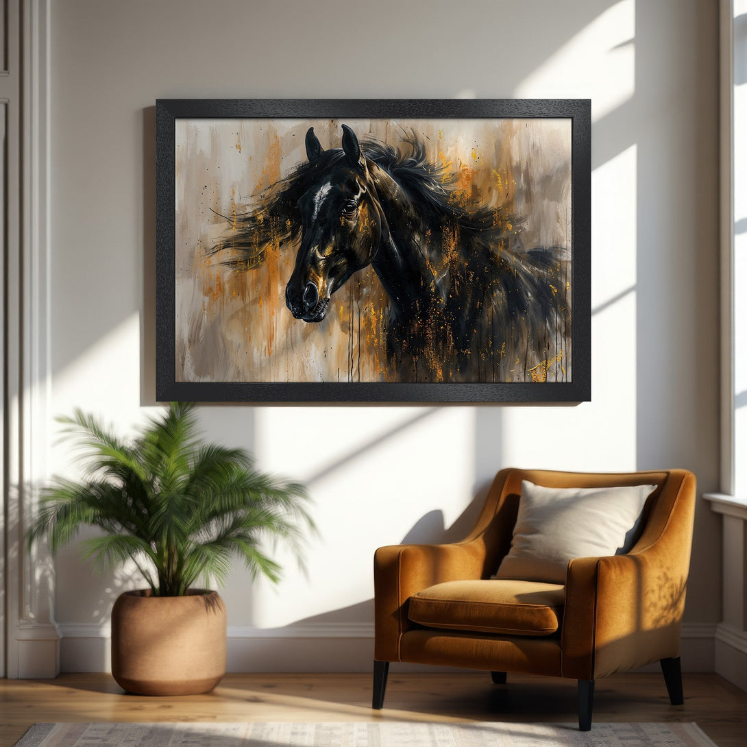 Framed Poster of a majestic black horse. Abstract style with gold and neutral tones. Elevate your space with this stunning art.