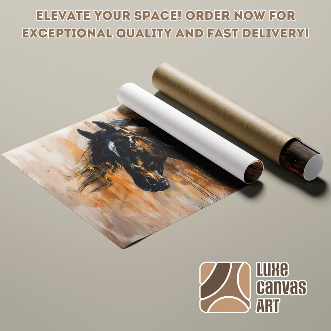 Poster Roll of a horse painting in a modern style, featuring a warm color palette. Order now!