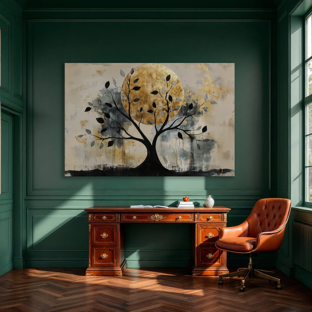 Framed Wall Art: Abstract tree painting with gold, black, and neutral tones. Modern art for home decor, perfect for dining room or living room.