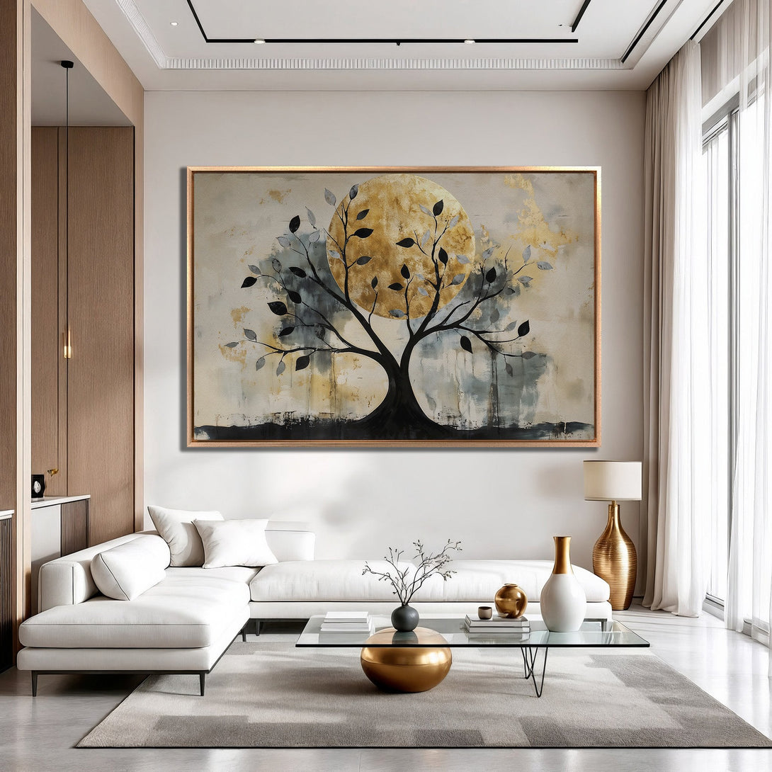 Framed Wall Art: Abstract tree painting in gold, black, and gray. Modern art for living room decor. Neutral color palette.