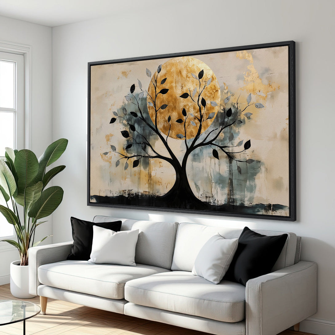 Framed Wall Art: Abstract tree art with a gold and neutral color palette. Modern canvas print for living room decor.