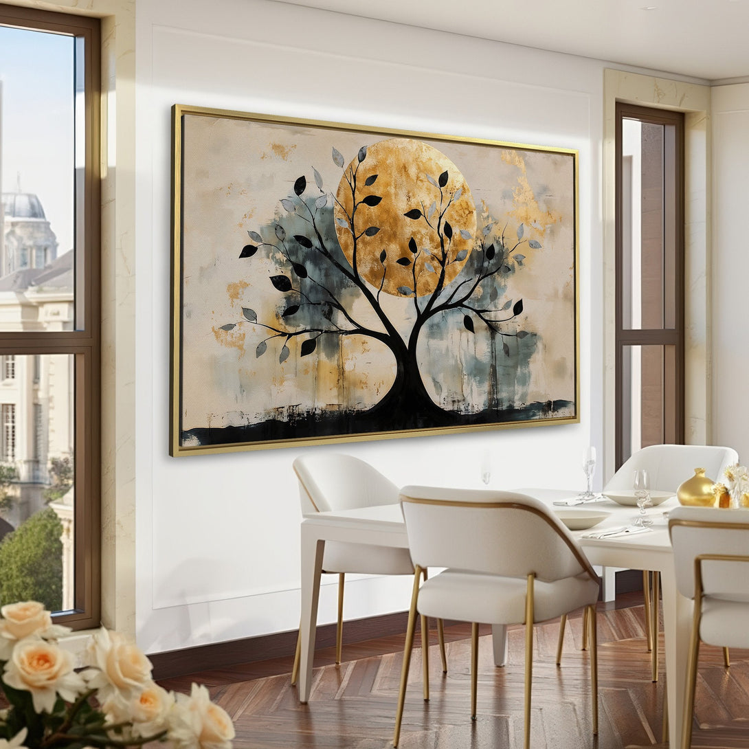 Abstract tree Canvas Print in a stylish interior. Earthy tones with gold accents, perfect for adding elegance to your home decor.