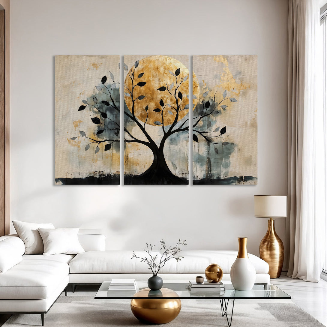 Canvas Print of a tree silhouette with a golden sun, abstract style, neutral color palette. Modern wall art for home decor.
