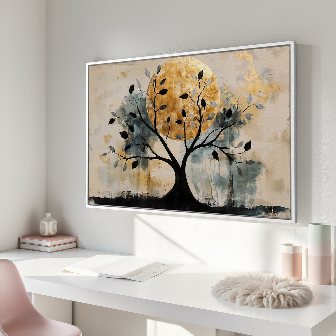 Framed Wall Art: Abstract tree art with gold, black, and neutral tones. Modern canvas print perfect for adding a touch of elegance to any space.
