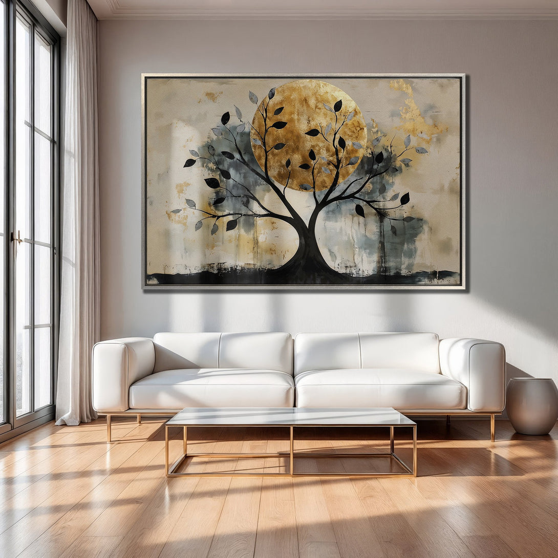 Framed Wall Art: Abstract tree painting with gold, black, and neutral tones. Modern art decor for living room. Enhance your space with this canvas print.