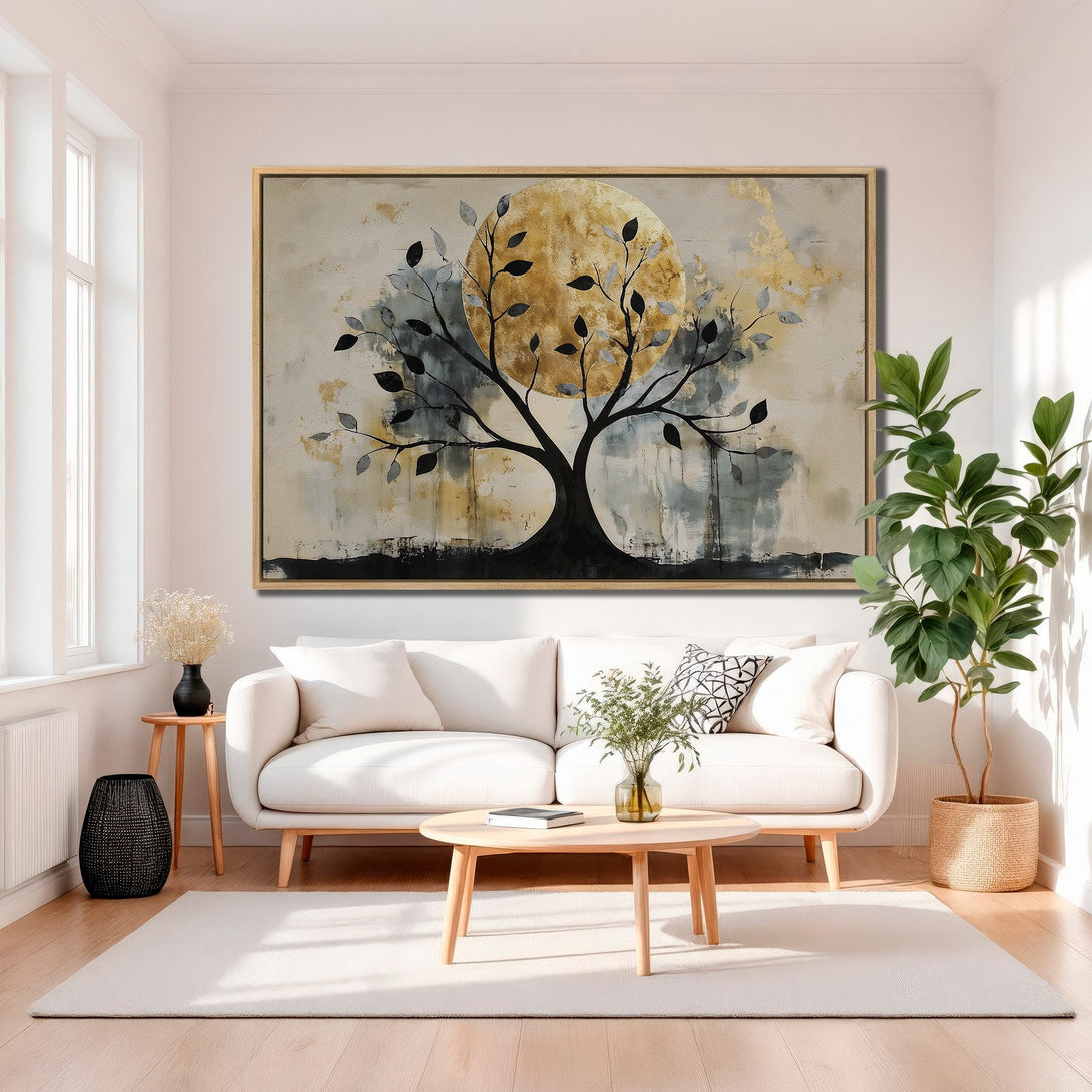 Framed Wall Art: Abstract tree art with gold and neutral tones. Modern canvas print decor for living room. Enhance your space with this stylish artwork.