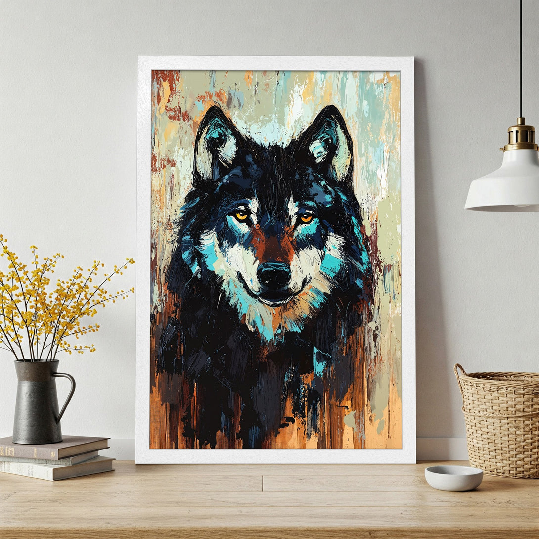Framed Poster of a wolf in an abstract style with a dark, earthy color palette. Add a touch of wild to your space!
