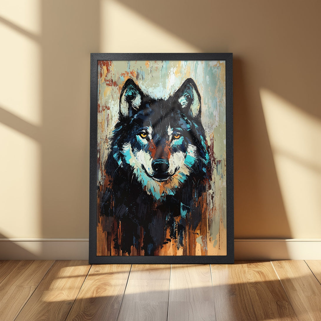 Framed Poster featuring a striking wolf portrait in an expressive, abstract style with a blue, brown, and black color palette. Perfect wall art!