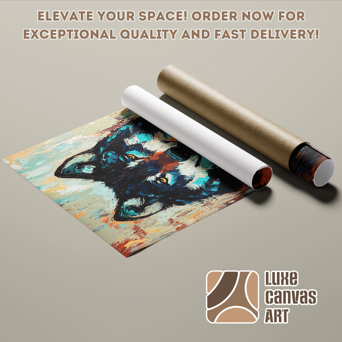 Abstract wolf art Poster Roll in blue, orange, and neutral tones. Elevate your space with Luxe Canvas Art!