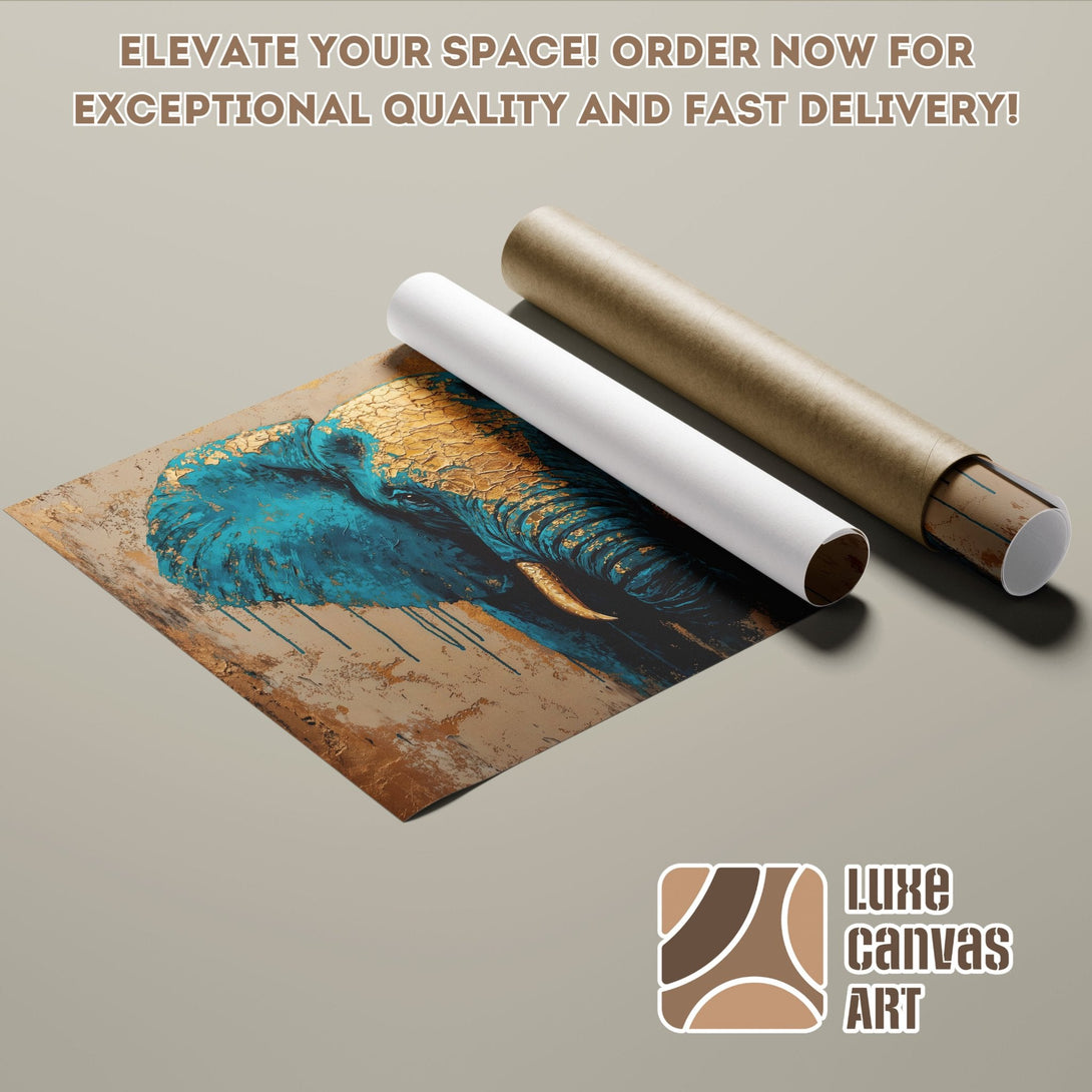 Abstract elephant art Poster Roll in teal, gold, and brown. Elevate your space!