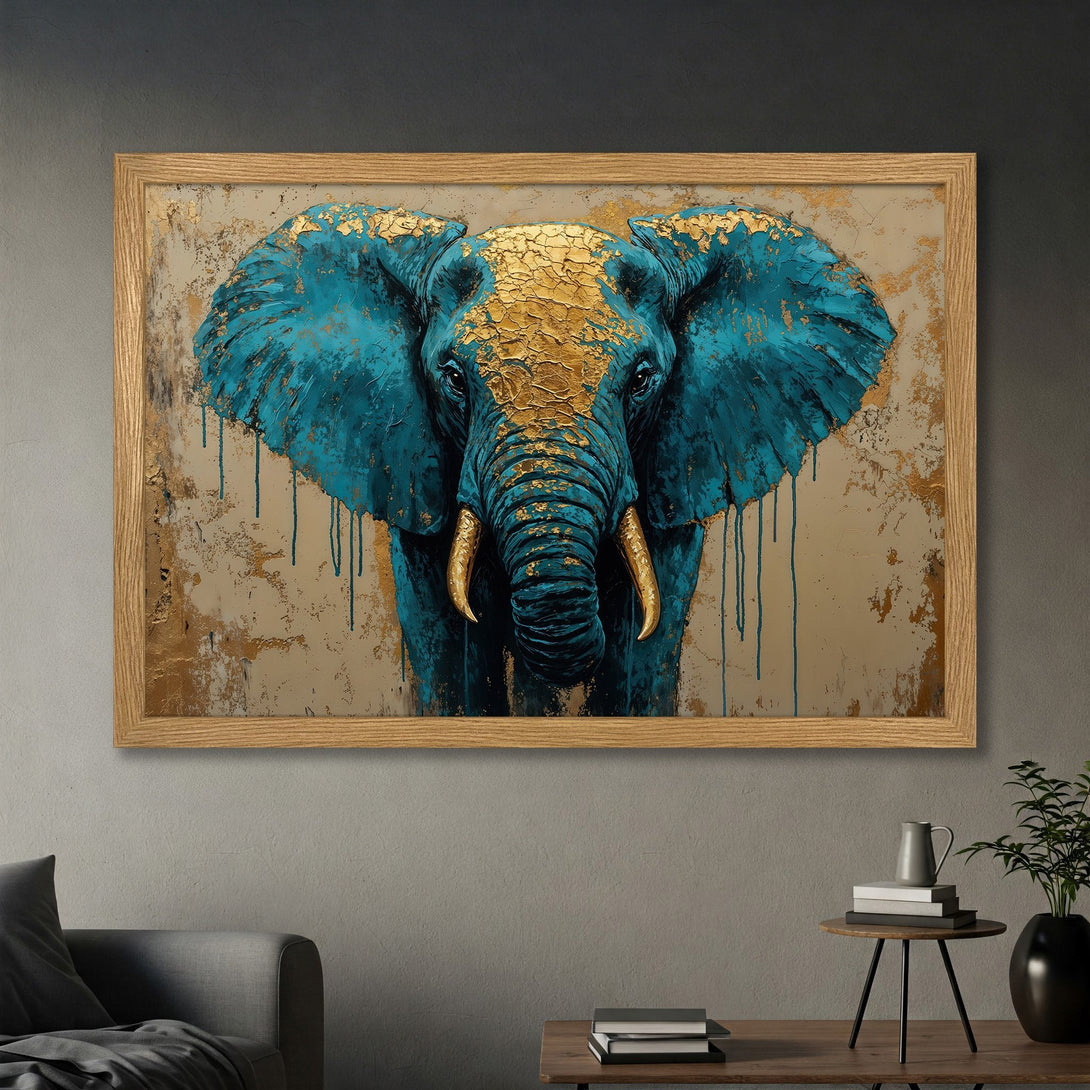 Framed Poster: Majestic elephant art in teal & gold. Modern, textured style for a statement piece. Enhance your space with this stunning poster.