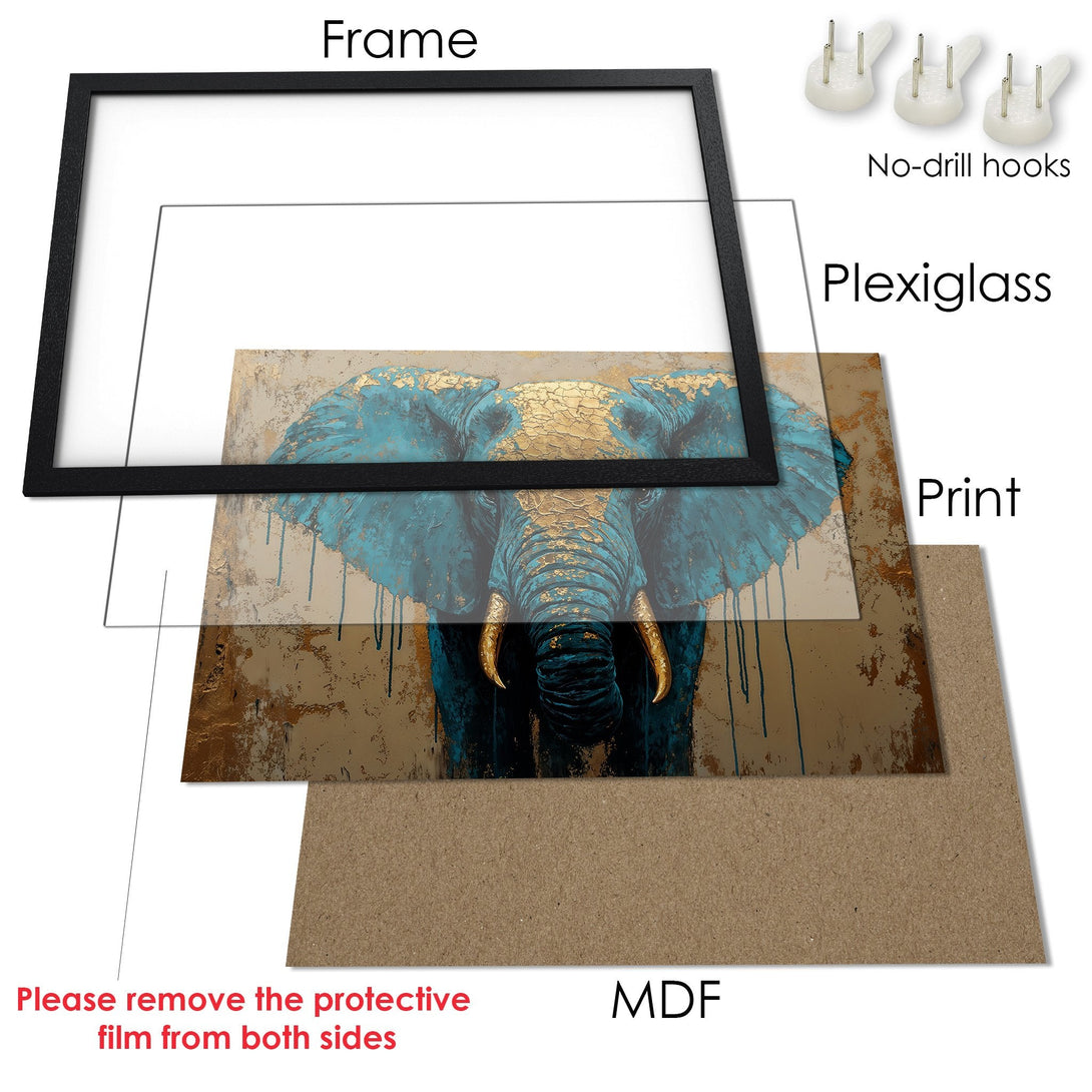 Framed Poster featuring an elephant with teal & gold accents. Modern art style, perfect for home decor.