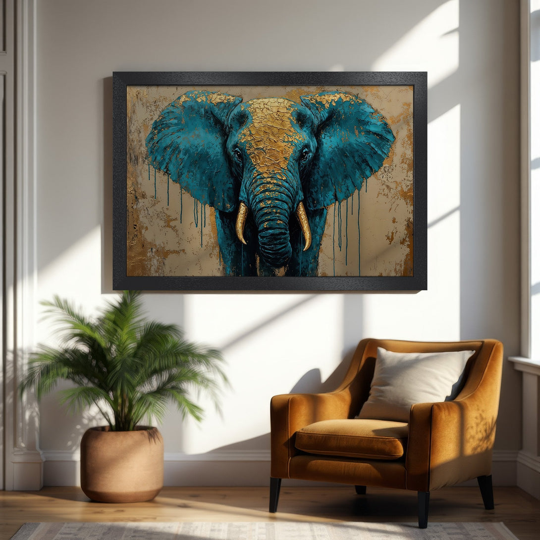 Framed Poster featuring an elephant in teal and gold abstract art style. Perfect wall decor for a modern home.