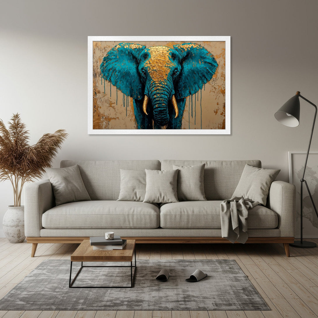Framed Poster of an elephant with teal and gold accents. Modern art style, neutral color palette. Perfect wall decor!