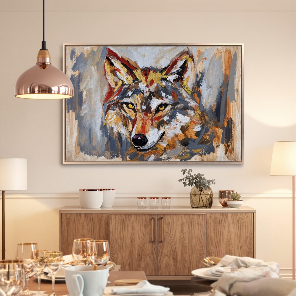Framed Wall Art: Abstract wolf portrait in warm orange, gray, and gold tones. Add a touch of wild to your home decor with this stunning canvas print.