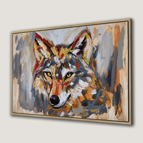 Framed Wall Art: Stunning wolf portrait in a modern, abstract style. Warm, earthy color palette. Perfect for adding a touch of nature to your space.