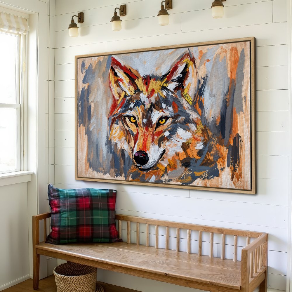 Framed Wall Art: Abstract wolf portrait in warm orange, gray, and red tones. Modern art style, perfect for adding a touch of nature to your home decor.