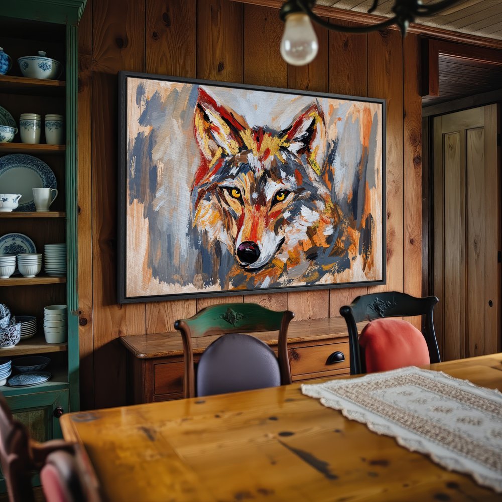 Framed Wall Art: Bold wolf portrait in vibrant orange, red, and gray hues. Add a touch of wilderness to your home with this stunning canvas print!