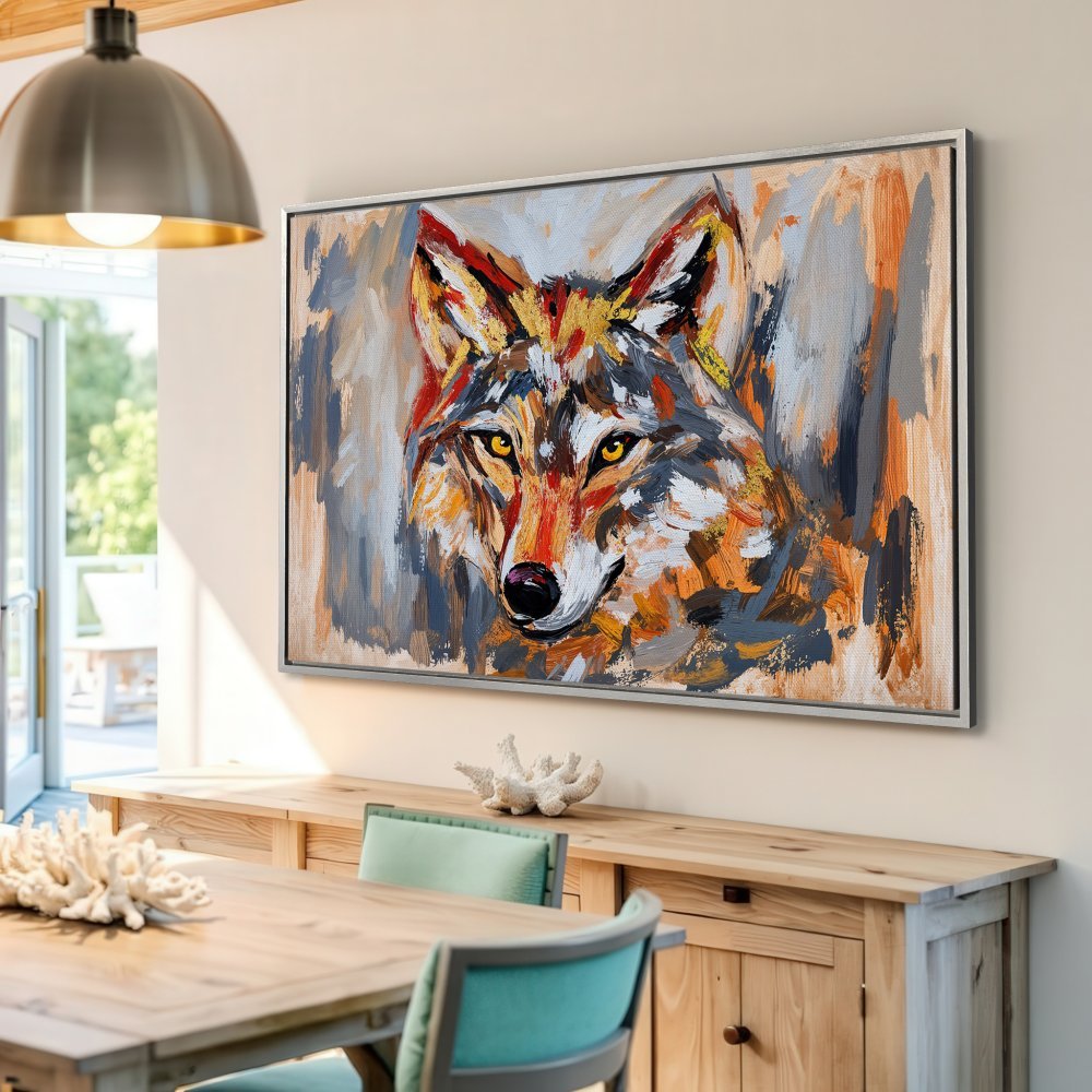 Framed Wall Art: Bold wolf painting in warm orange, gray, and yellow tones. Modern abstract style, perfect for home decor.