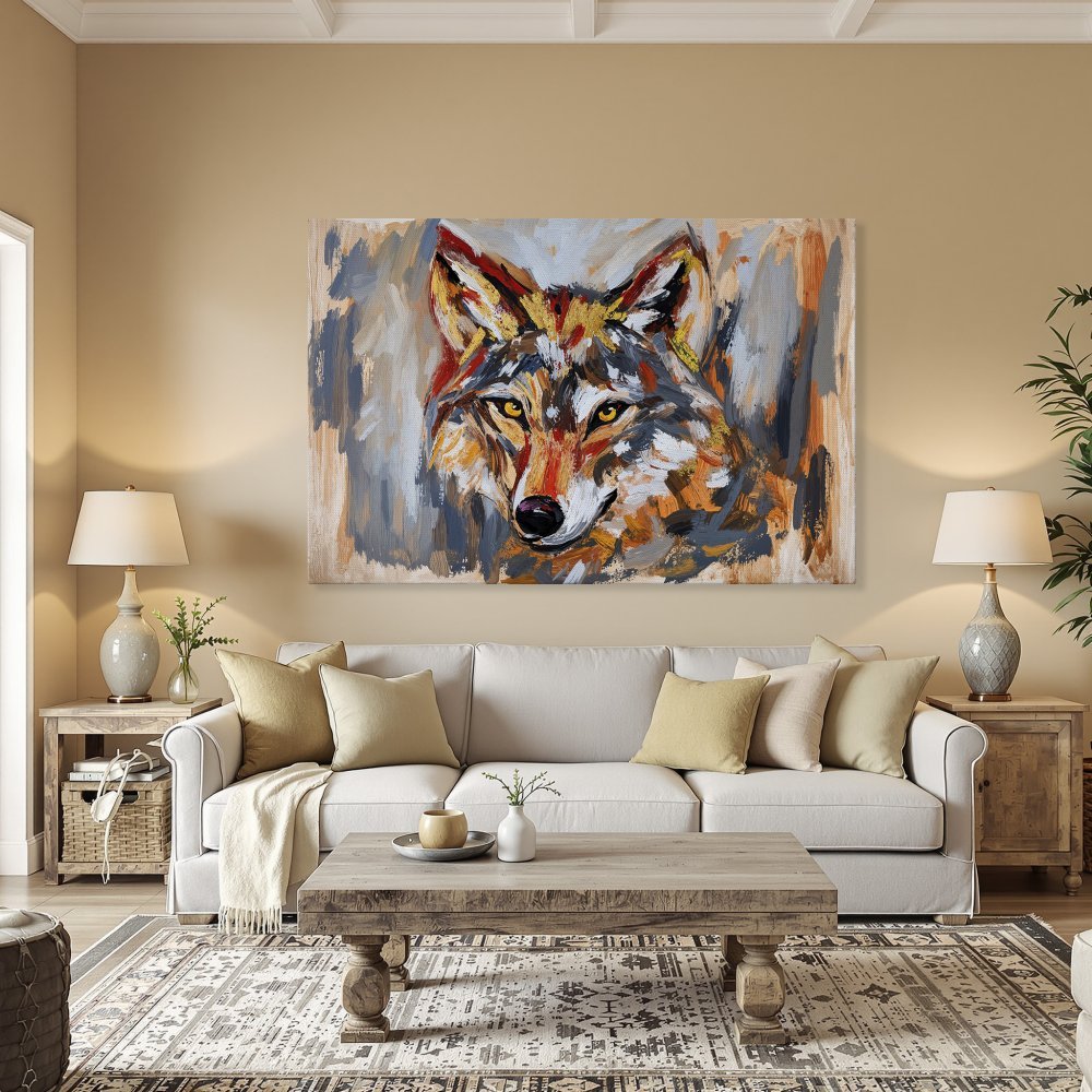 Framed Wall Art: Bold wolf portrait in vibrant orange, gray, and gold hues. Modern abstract Canvas Print adds a striking focal point to any room.