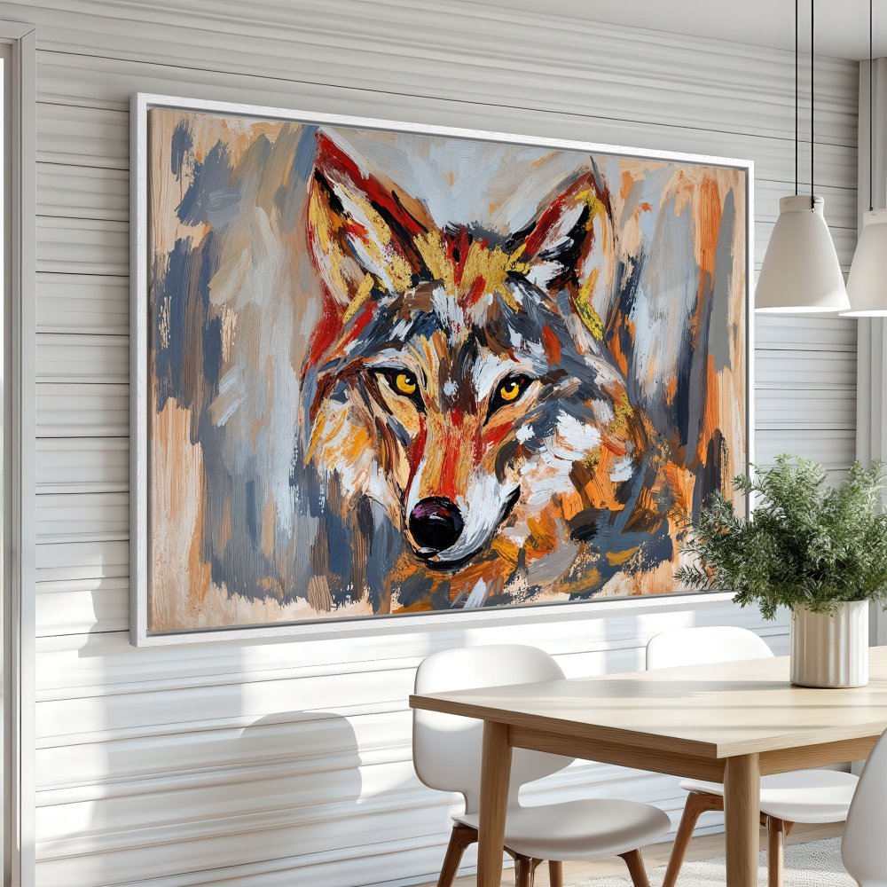 Framed Wall Art: Bold wolf portrait canvas print in warm orange, red, and gray tones. Modern abstract style, perfect for adding a statement piece to your home.