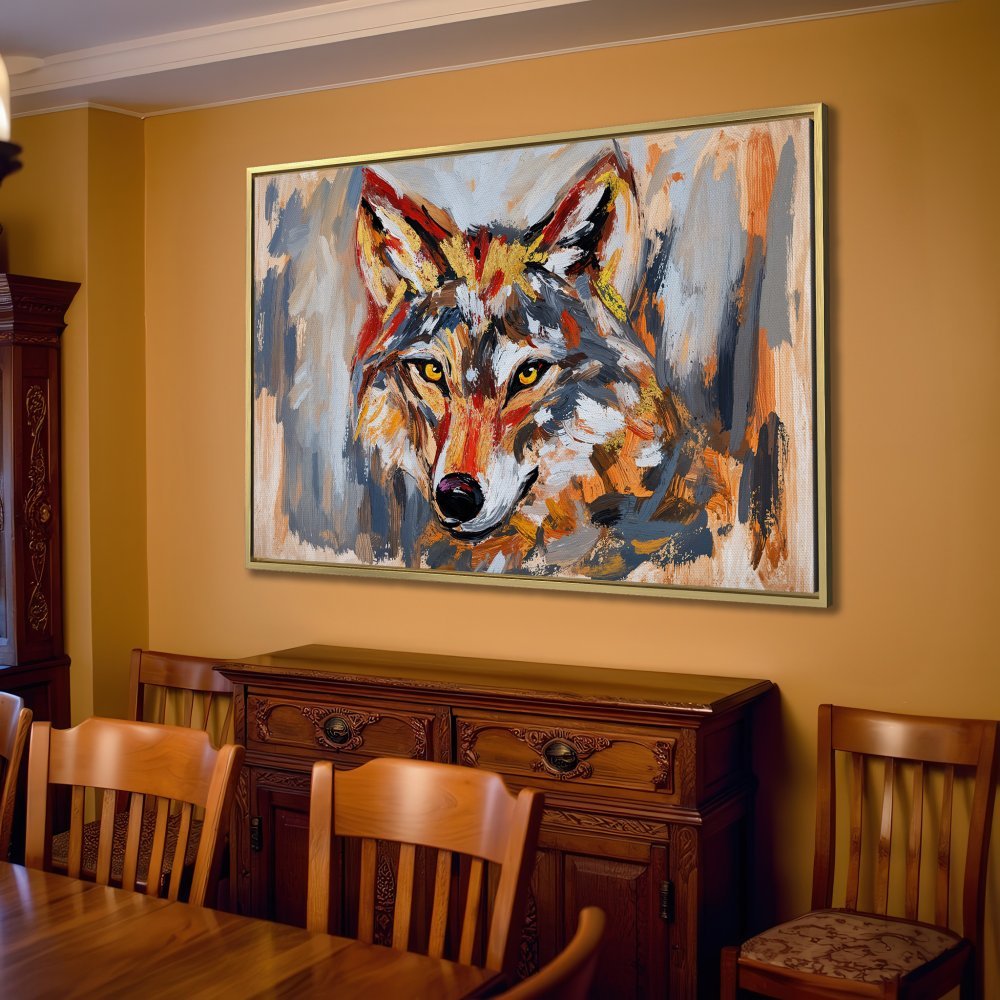 Canvas Print of a wolf portrait in a modern, abstract style. Earth-toned color palette, perfect for living room decor.