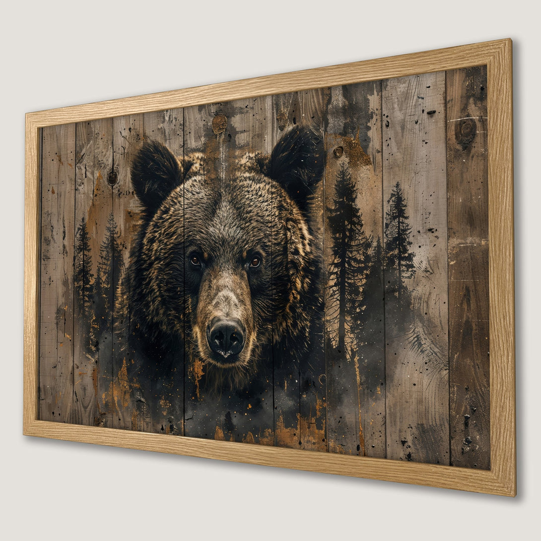Framed Poster featuring a majestic bear in a rustic, wood-grain style with a warm brown and black color palette.