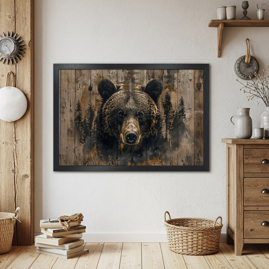 Framed Poster featuring a majestic bear portrait in rustic style, with a warm brown and gold color palette. Perfect for cabin decor!