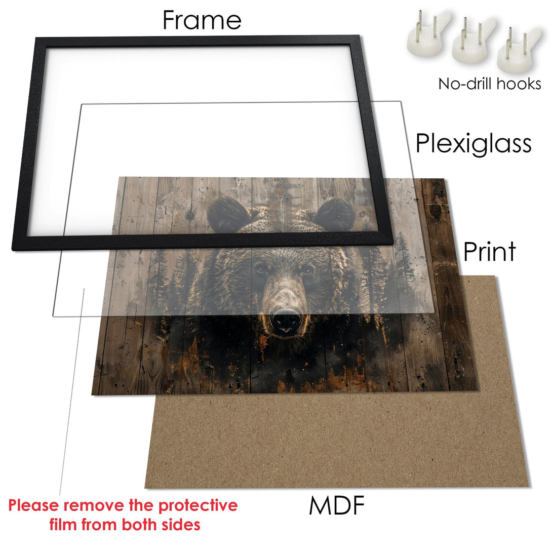 Framed Poster featuring a majestic bear in a rustic style with a warm, earthy color palette. Perfect wall art!