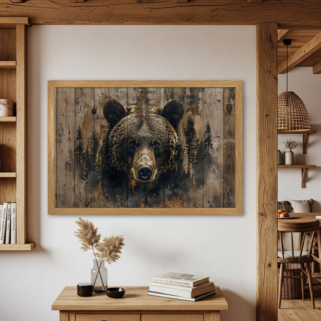 Framed Poster featuring a majestic bear in a rustic style. Earthy tones and a wood-grain background create a cozy, nature-inspired aesthetic.