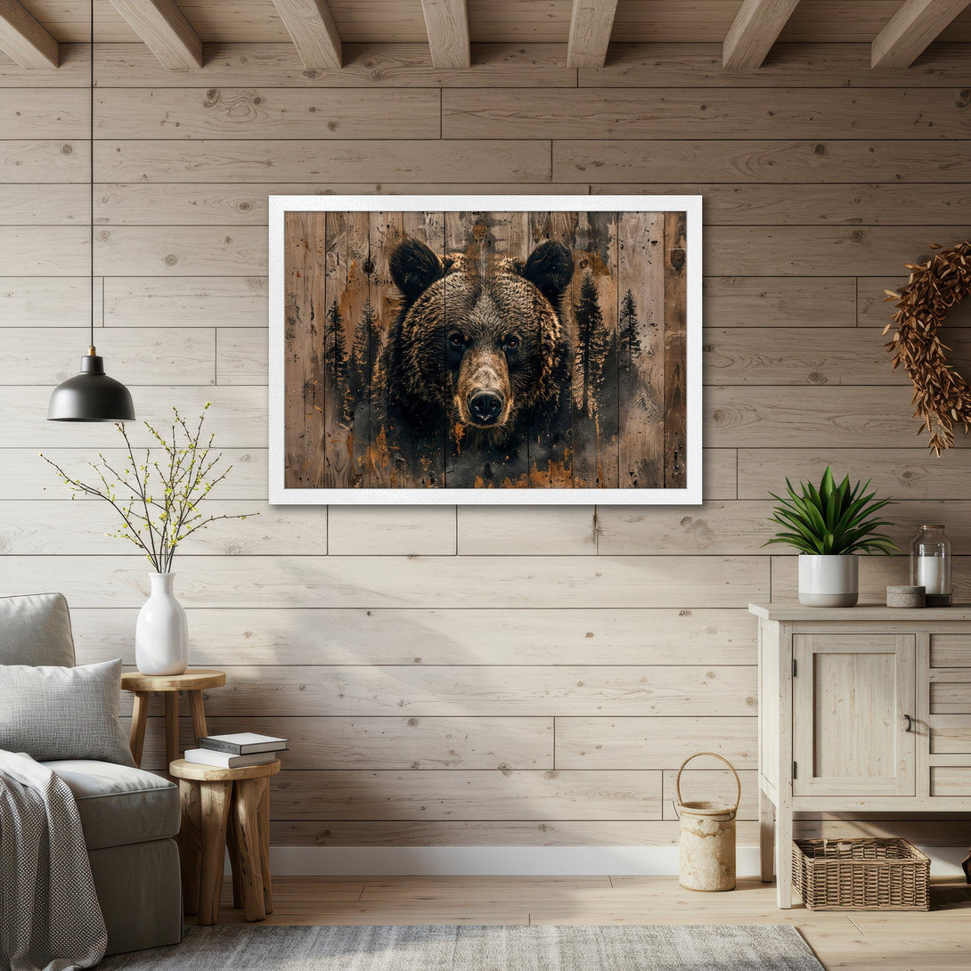 Framed Poster featuring a majestic bear in a rustic style with a warm brown and black color palette. Perfect for nature lovers!