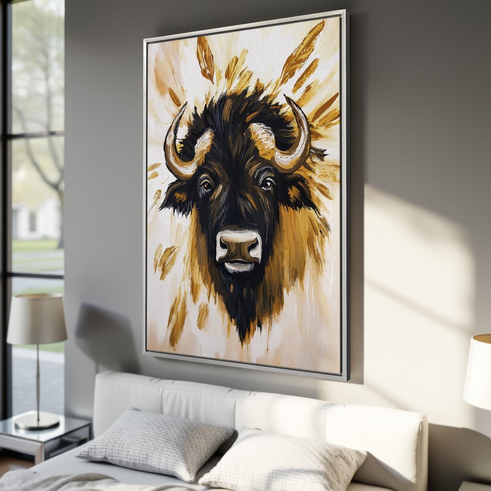 Framed Wall Art: Majestic bison portrait in a modern, abstract style. Earthy tones of gold, brown & white. Perfect for living room or bedroom decor.