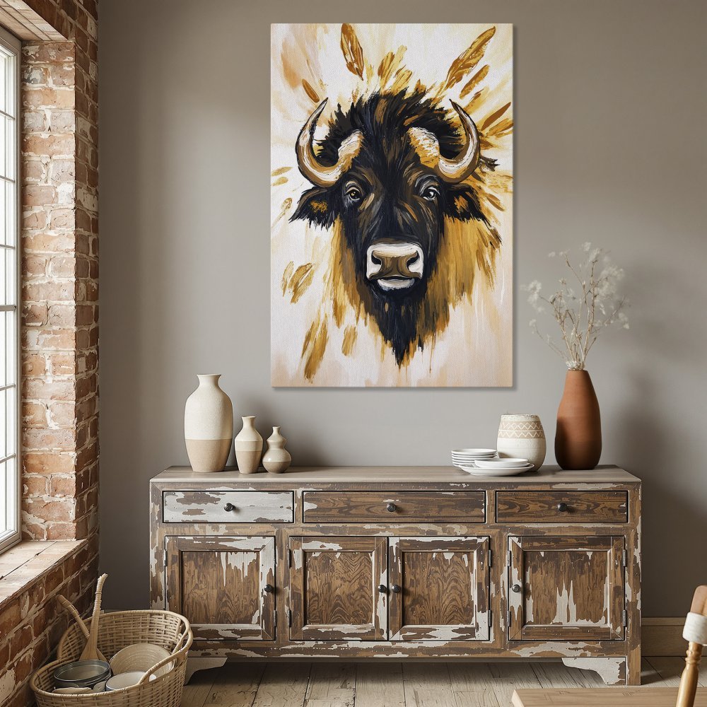 Framed Wall Art: Bison portrait canvas print in warm gold and black tones, perfect for rustic or modern home decor.